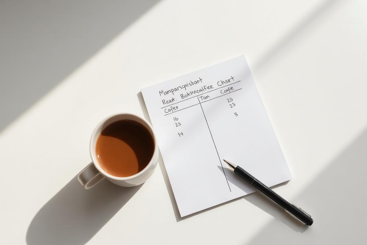 Tasse de café et feuille de comparaison manuscrite sur un bureau clair en lumière rasante