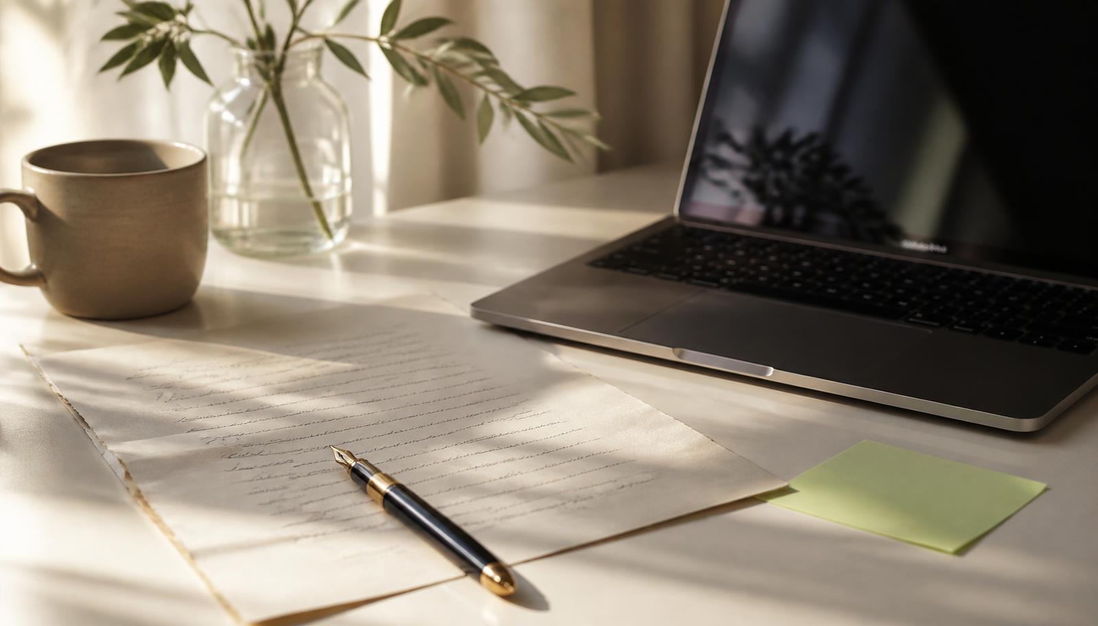 Lettre manuscrite et stylo plume sur un bureau clair, à côté d'un ordinateur portable