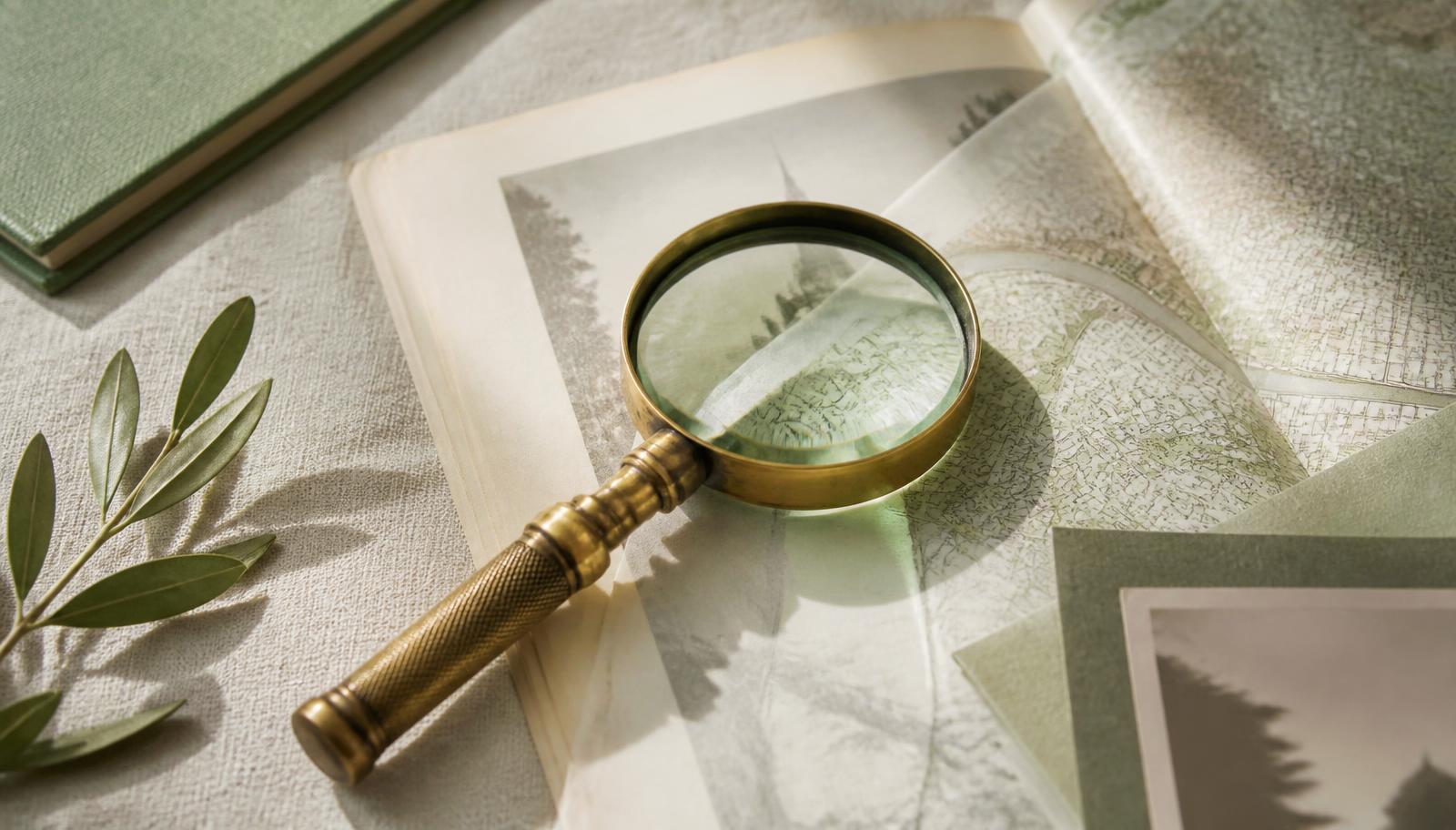 Loupe en laiton posée sur des documents imprimés et une carte ancienne, lumière naturelle