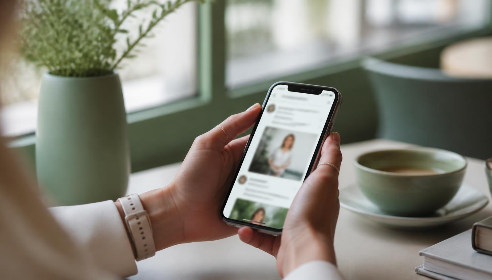 Mains tenant un téléphone affichant un fil de réseau professionnel, dans un café lumineux