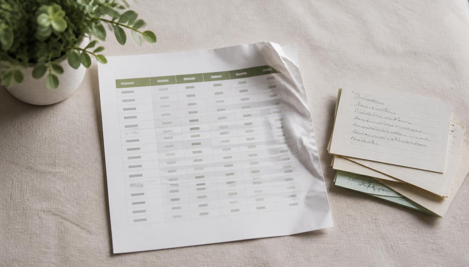 Tableau imprimé de lignes anonymes froissé à côté de fiches manuscrites sur une nappe en lin