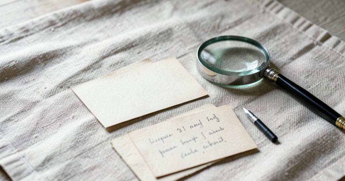 Fiches cartonnées manuscrites et loupe posées sur une nappe en lin beige en lumière naturelle